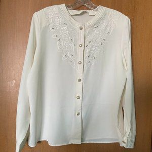 Long Sleeve Embroidered Blazer Blouse with pearlescent buttons, padded shoulders